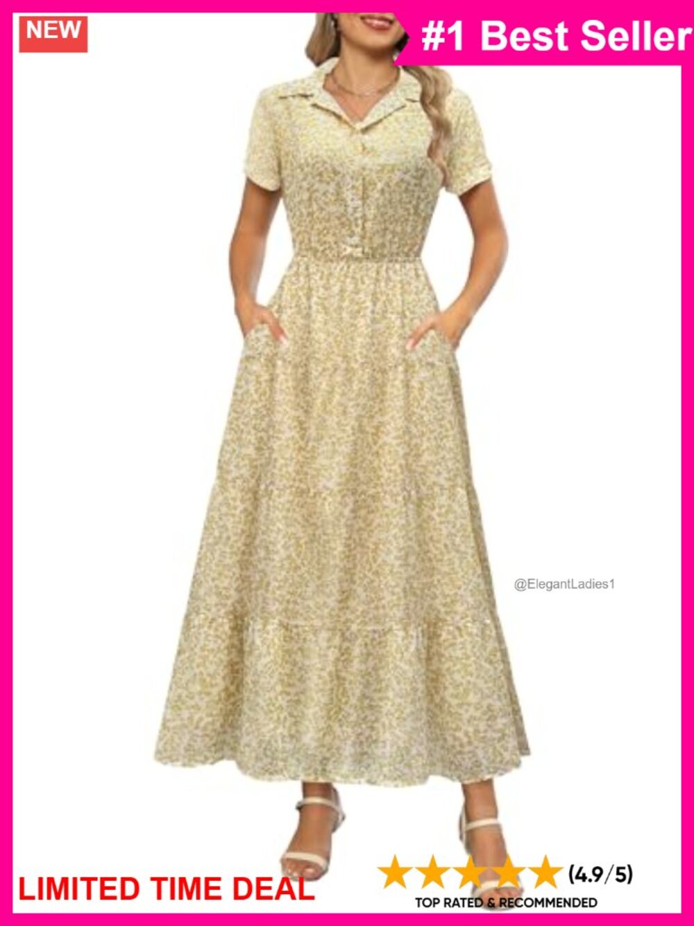 Boho Floral Tiered Maxi Dress Collared V Neck Button Down Pockets